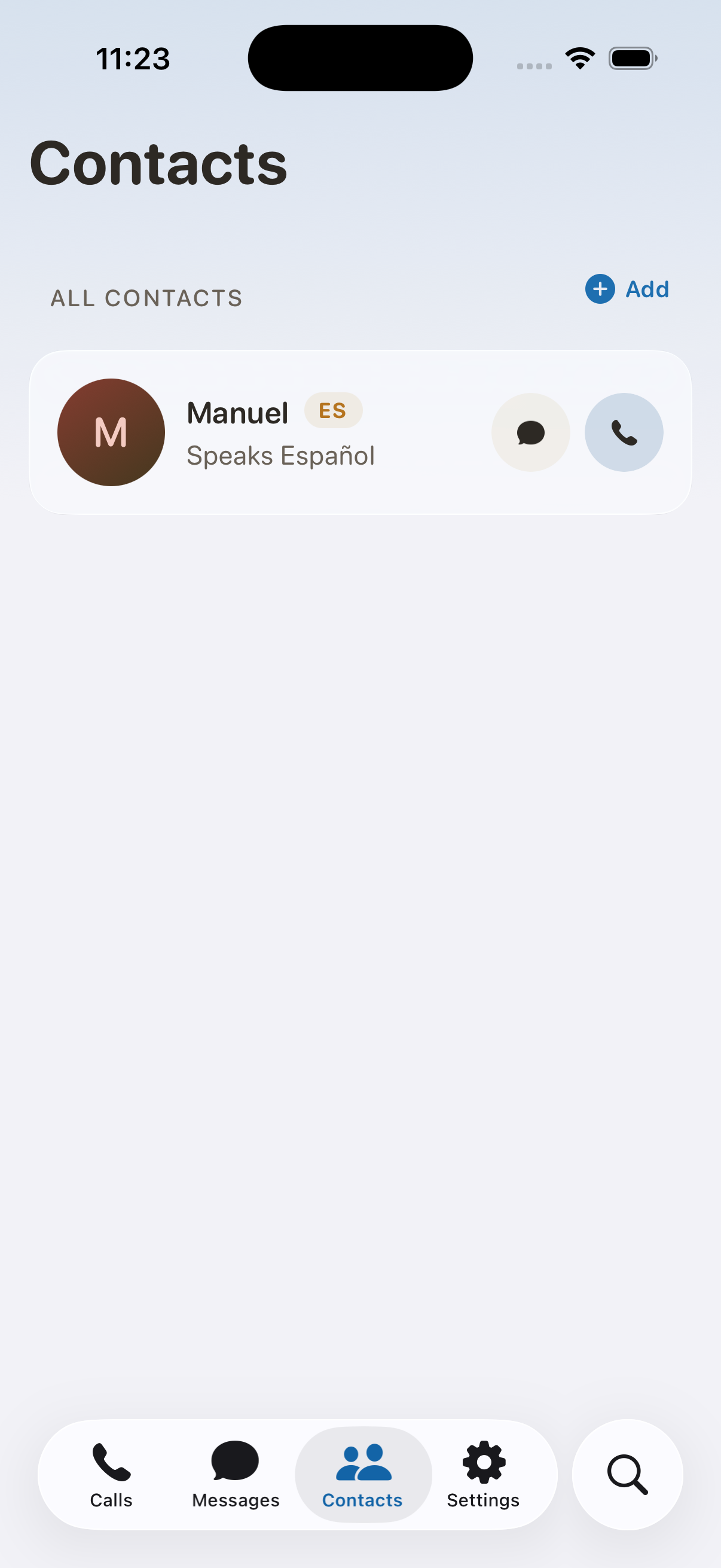 LingoDial Contacts tab: Manuel who speaks Spanish and Alex who speaks English