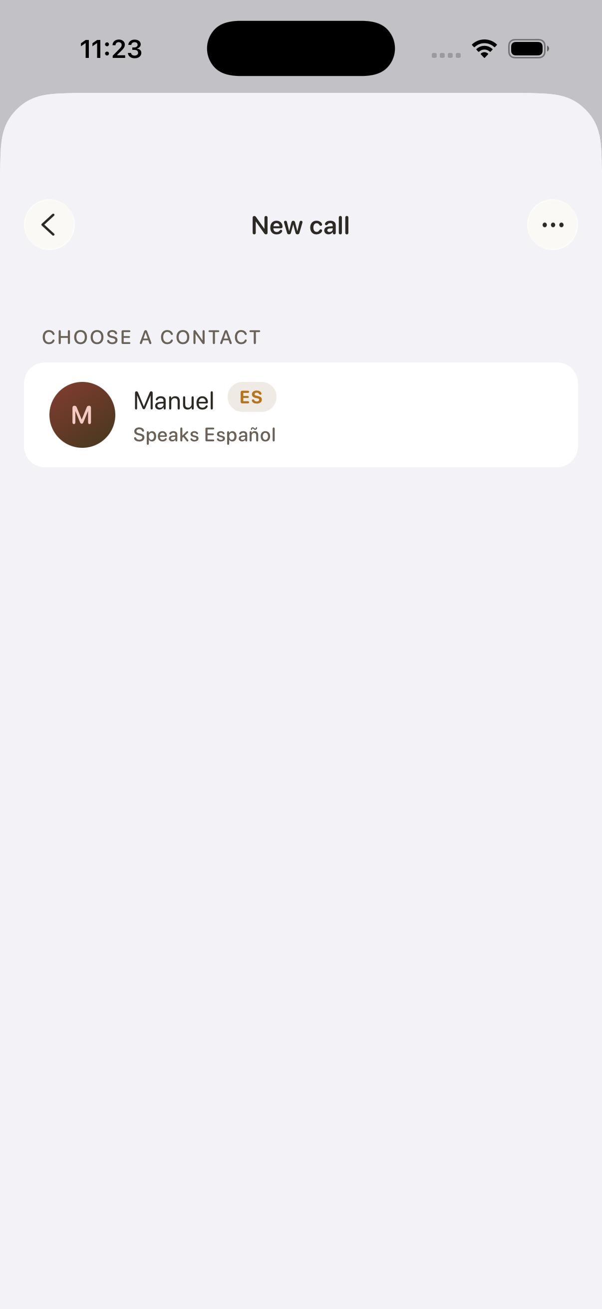 LingoDial new-call screen: choose your voice, Face ID required, call Manuel