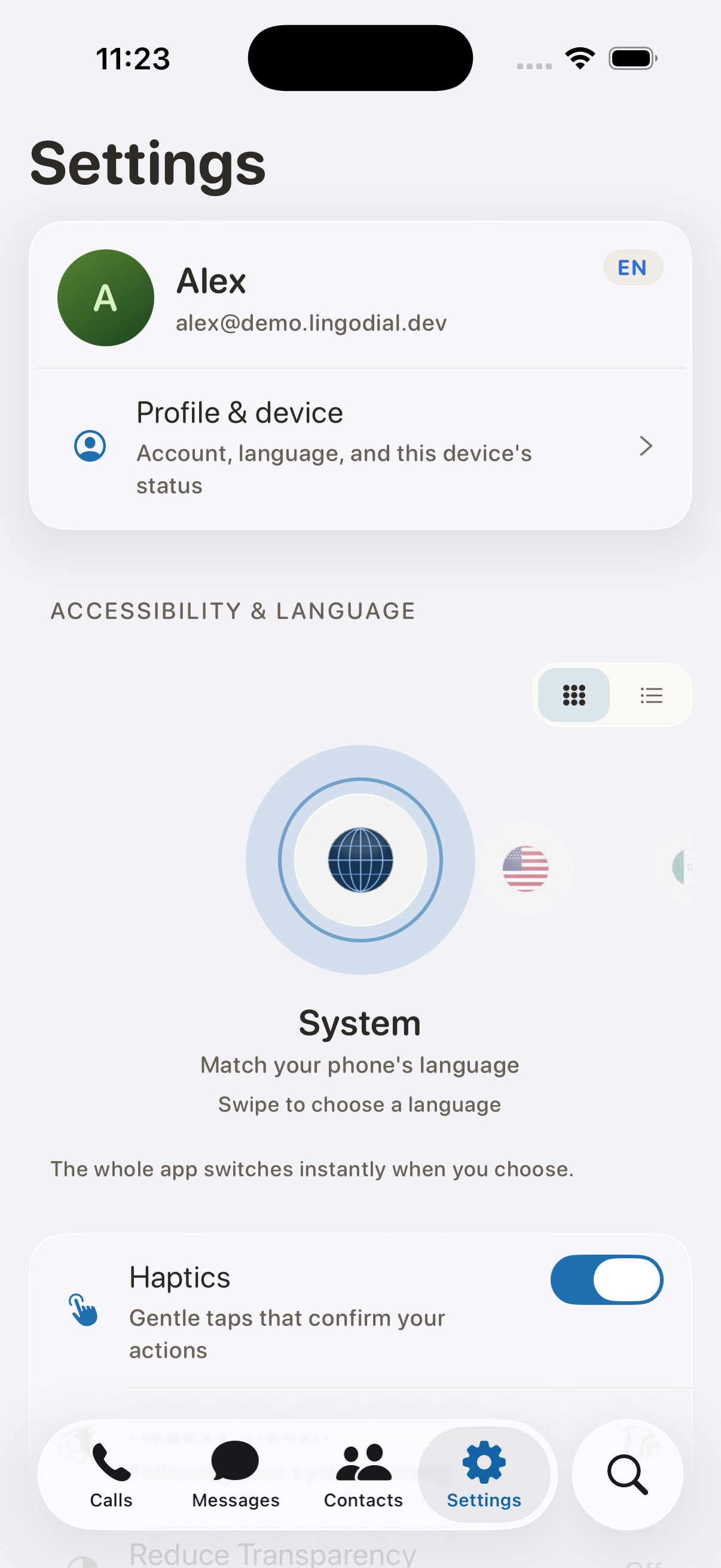 LingoDial settings: recording off by default, voice model controls, delete-anytime