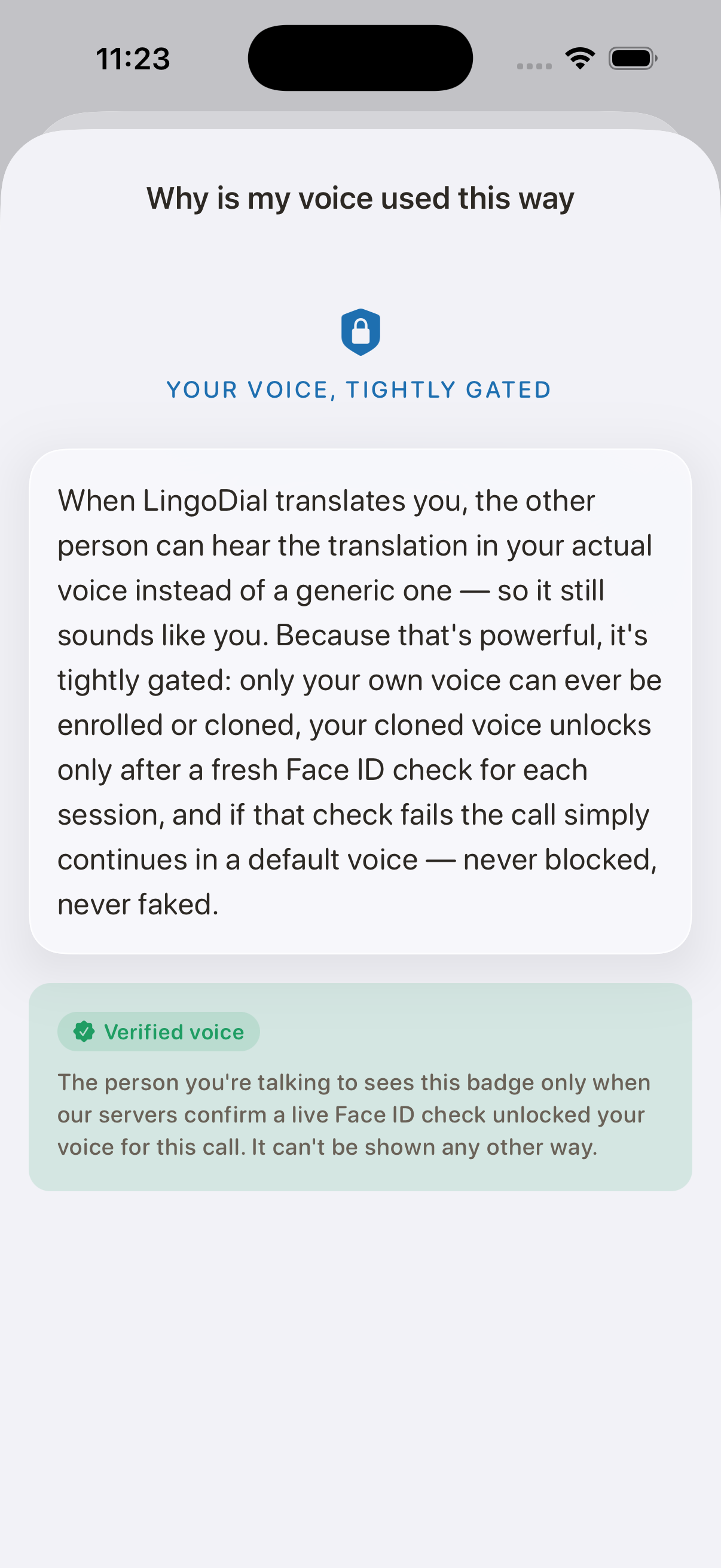 LingoDial voice enrollment explainer: read a few lines, confirm with Face ID, done
